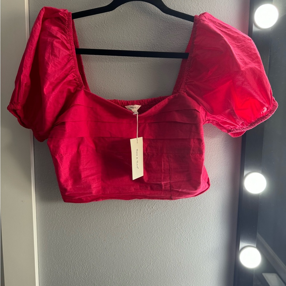 Slim and Sam hot pink Square Neck Puff Sleeve Crop Top